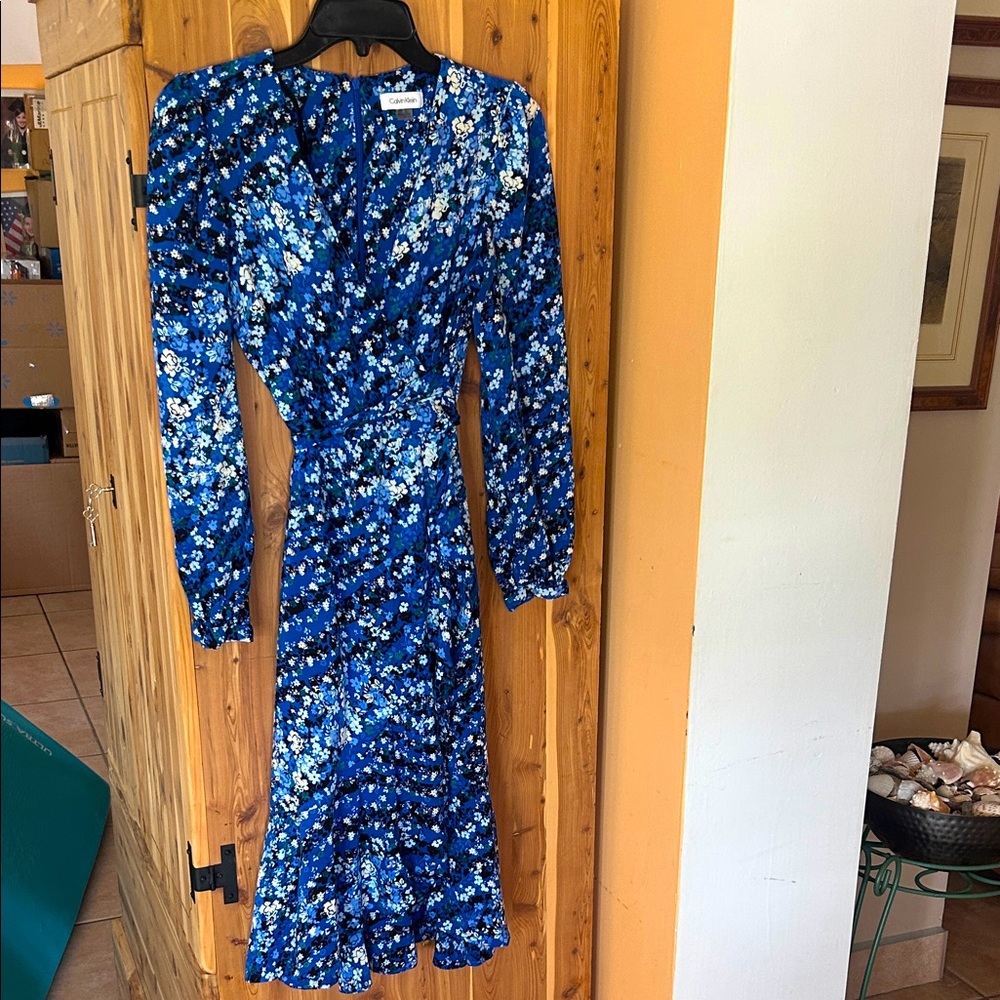Calvin Klein Blue Floral Wrap Dress